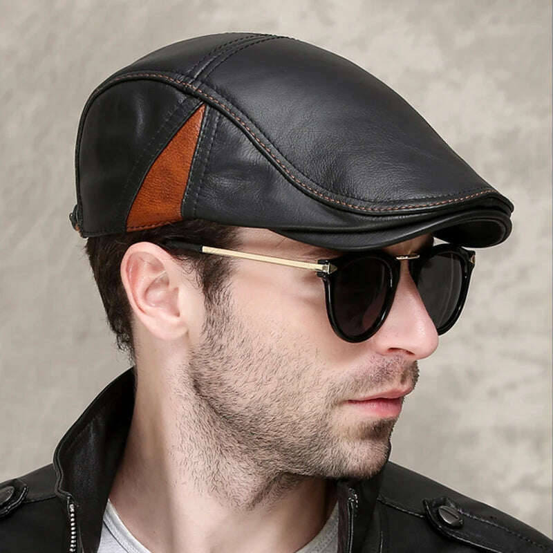 New Men's outdoor leather hat winter Berets male Multifunction Ear protection cap 100% genuine leather dad hat Leisure - KIMLUD