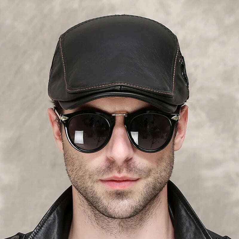 New Men's outdoor leather hat winter Berets male Multifunction Ear protection cap 100% genuine leather dad hat Leisure - KIMLUD