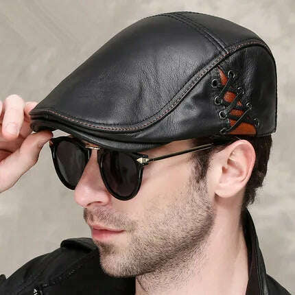 New Men's outdoor leather hat winter Berets male Multifunction Ear protection cap 100% genuine leather dad hat Leisure - KIMLUD