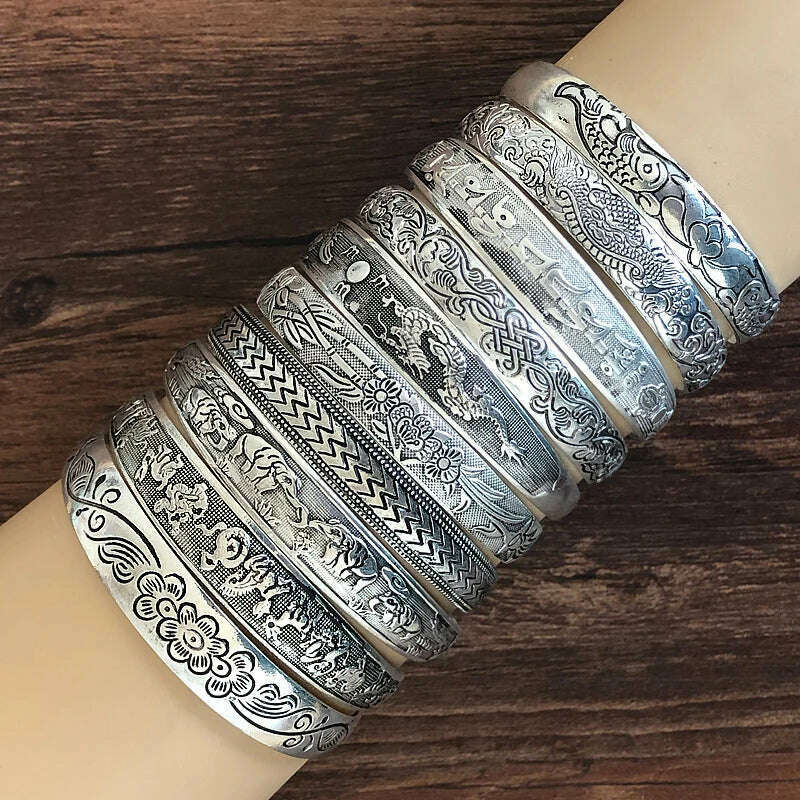 KIMLUD, New Retro Cuff Bracelets Tibetan Silver Metal Carving Fish Elephant Flower Bangles Vintage Gypsy Jewelry Female Gifts, KIMLUD Womens Clothes