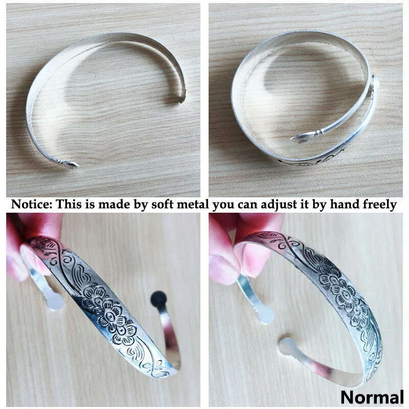 KIMLUD, New Retro Cuff Bracelets Tibetan Silver Metal Carving Fish Elephant Flower Bangles Vintage Gypsy Jewelry Female Gifts, KIMLUD Womens Clothes