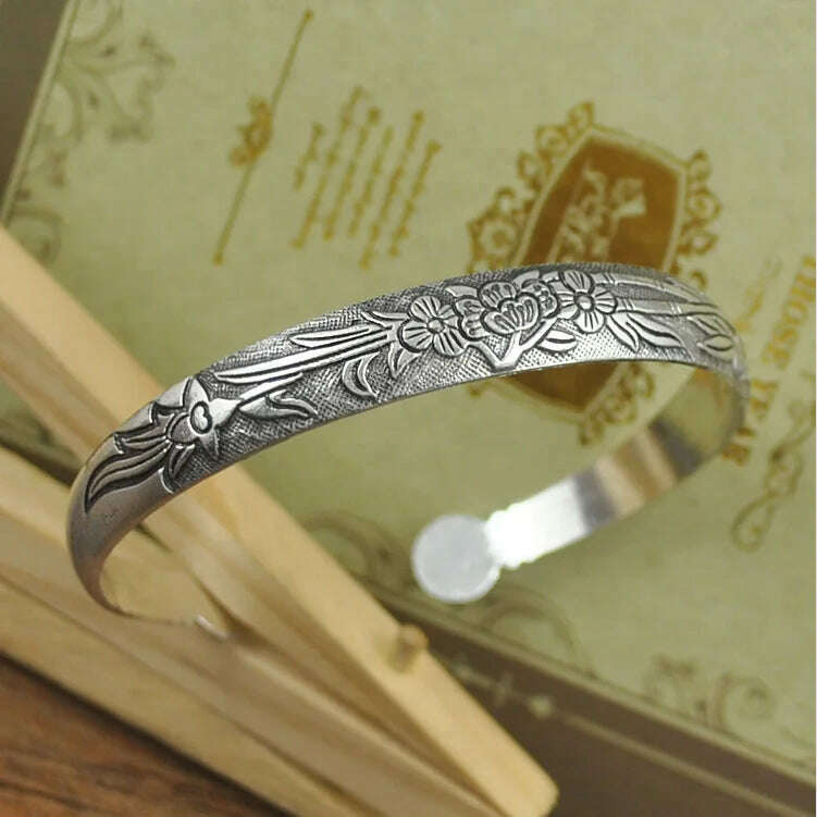 New Retro Cuff Bracelets Tibetan Silver Metal Carving Fish Elephant Flower Bangles Vintage Gypsy Jewelry Female Gifts - KIMLUD