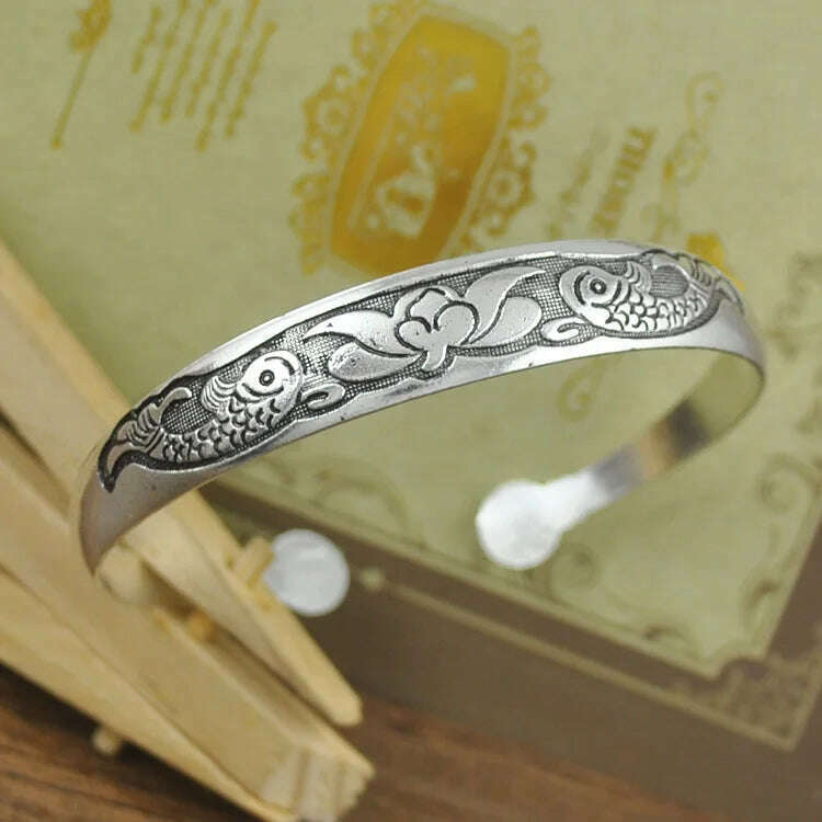 KIMLUD, New Retro Cuff Bracelets Tibetan Silver Metal Carving Fish Elephant Flower Bangles Vintage Gypsy Jewelry Female Gifts, KIMLUD Womens Clothes