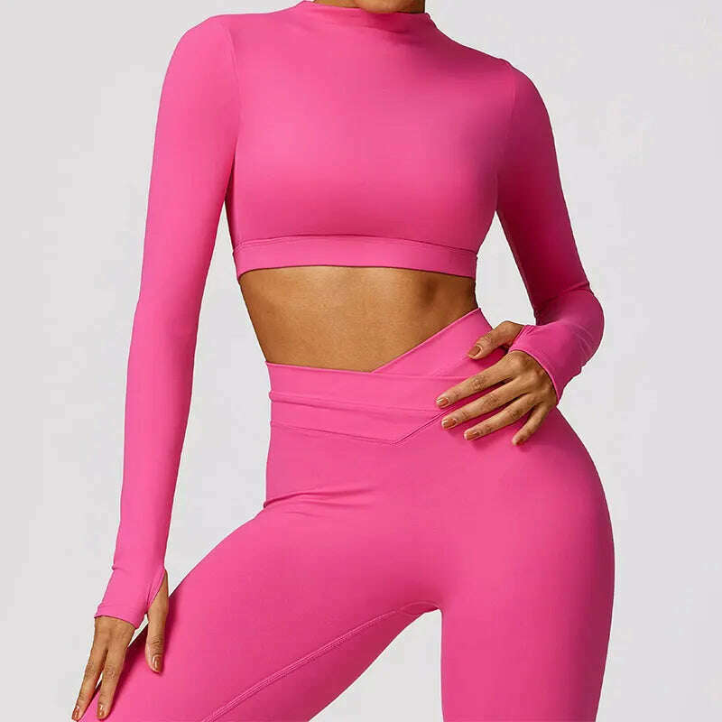 KIMLUD, New Sexy Backless Gym Top Women Fitness Crop Yop Quick Dry Sportswear Women Workout Top Long Sleeve Yoga Clothes With chest pads, magenta / M / CHINA, KIMLUD APPAREL - Womens Clothes