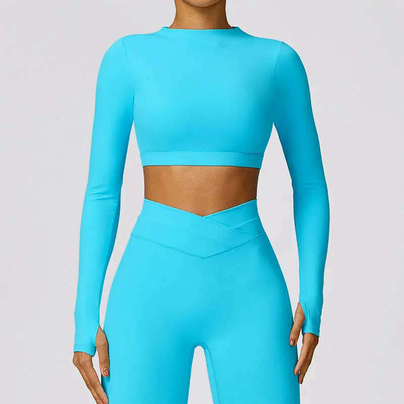 KIMLUD, New Sexy Backless Gym Top Women Fitness Crop Yop Quick Dry Sportswear Women Workout Top Long Sleeve Yoga Clothes With chest pads, lake blue / M / CHINA, KIMLUD APPAREL - Womens Clothes