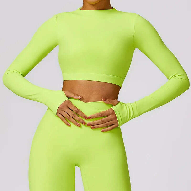 KIMLUD, New Sexy Backless Gym Top Women Fitness Crop Yop Quick Dry Sportswear Women Workout Top Long Sleeve Yoga Clothes With chest pads, lime green / M / CHINA, KIMLUD APPAREL - Womens Clothes