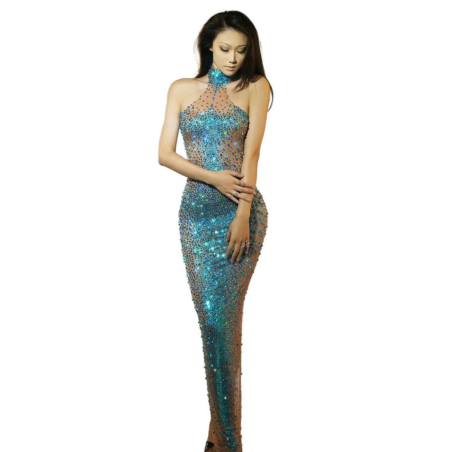 New Sleeveless Backless Party Dress Sexy Mesh See Through Sparkling Rhinestone Mermaid Long Dress Celebration Festival Dress jbc - KIMLUD