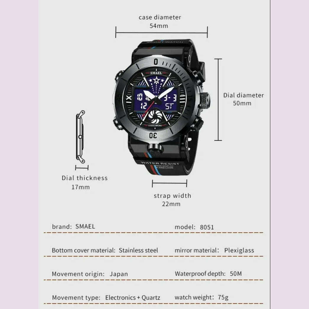 KIMLUD, New SMAEL Watch For Mens Sport Watches Dual Display Digital Alarm 8051 Clock Shock Led Watch Waterproof, KIMLUD Womens Clothes