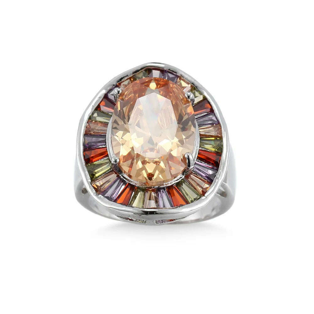 New Statement Bridal Big Round Colorful CZ Finger 925 Sterling Silver Rings Champagne Cubic Zircon Jewelry for Women Party Gift - KIMLUD