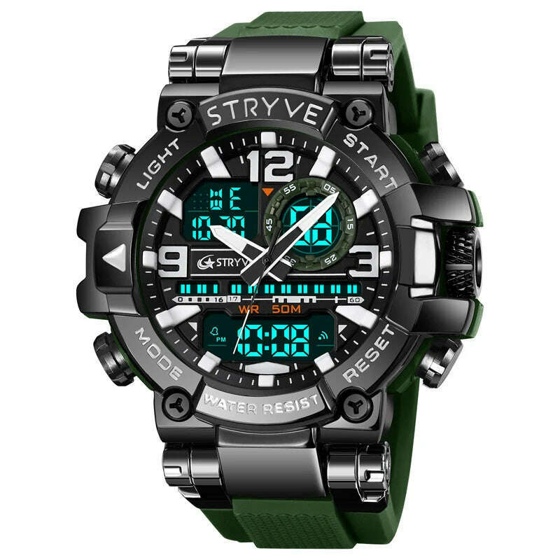 KIMLUD, New STRYVE Watch for Men's High Quality Digital-Analog Dual Movement 5ATM Waterproof Watches Fashion Sports Men's Watch 8025, Army Green, KIMLUD APPAREL - Womens Clothes