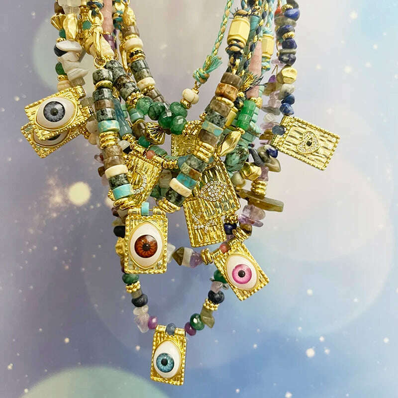 New Style Multi Color Braided Rope Star Moon Heart Hand Eye Charm Necklace,Unique Mix Stone 18K Gold Cotton Cord Jewelry Finding - KIMLUD