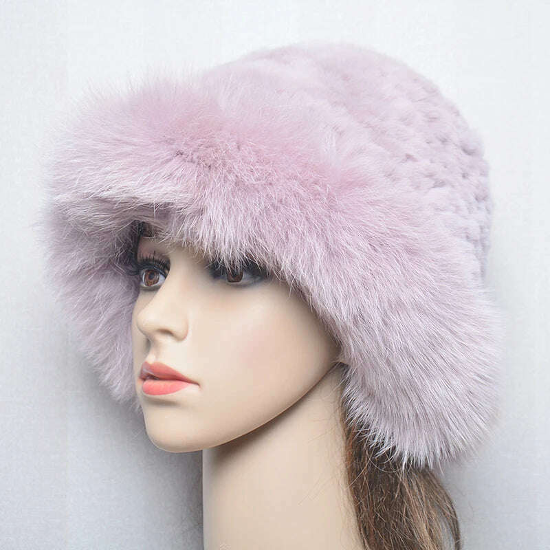 KIMLUD, New Style Women Outdoor Winter Warm Natural Fox Fur Hats Lady Knit Fur Cap Female Fashion Knitted Fluffy Real Rex Rabbit Fur Hat, beige pink / 56-60cm, KIMLUD APPAREL - Womens Clothes