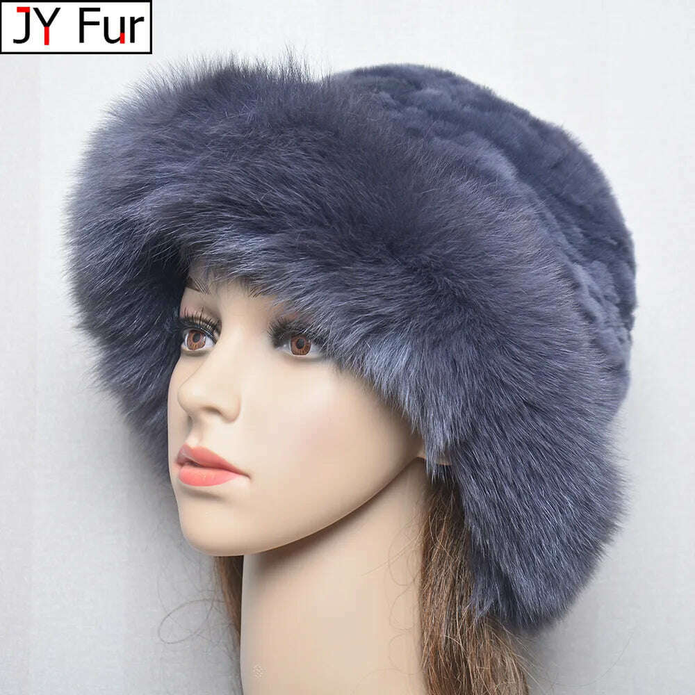 New Style Women Outdoor Winter Warm Natural Fox Fur Hats Lady Knit Fur Cap Female Fashion Knitted Fluffy Real Rex Rabbit Fur Hat - KIMLUD