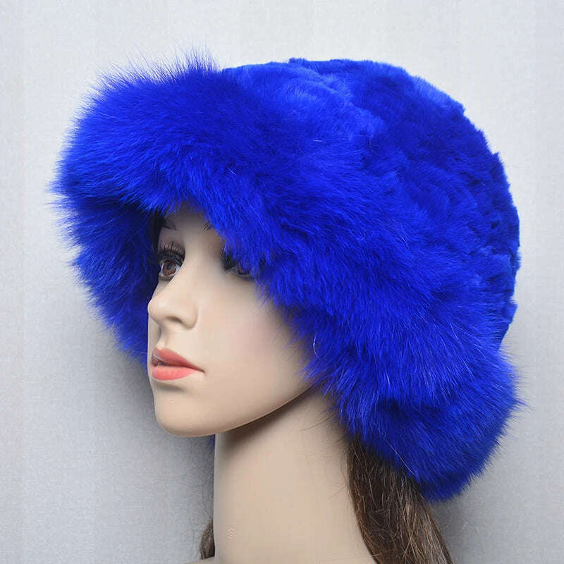 KIMLUD, New Style Women Outdoor Winter Warm Natural Fox Fur Hats Lady Knit Fur Cap Female Fashion Knitted Fluffy Real Rex Rabbit Fur Hat, blue / 56-60cm, KIMLUD APPAREL - Womens Clothes