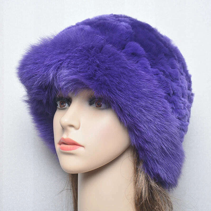 KIMLUD, New Style Women Outdoor Winter Warm Natural Fox Fur Hats Lady Knit Fur Cap Female Fashion Knitted Fluffy Real Rex Rabbit Fur Hat, purple / 56-60cm, KIMLUD APPAREL - Womens Clothes