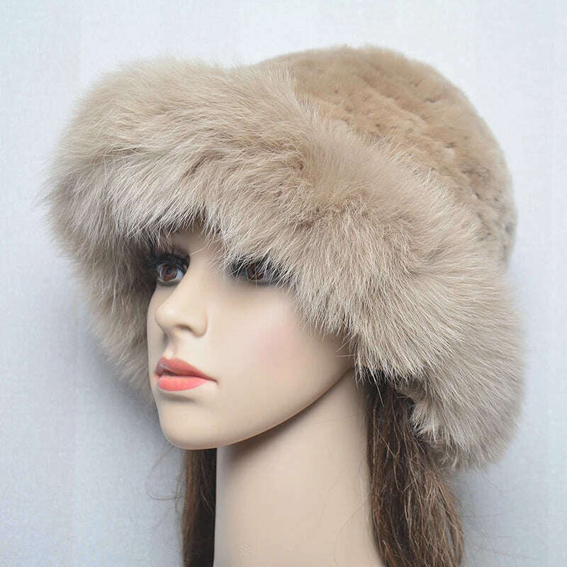 KIMLUD, New Style Women Outdoor Winter Warm Natural Fox Fur Hats Lady Knit Fur Cap Female Fashion Knitted Fluffy Real Rex Rabbit Fur Hat, khaki / 56-60cm, KIMLUD APPAREL - Womens Clothes