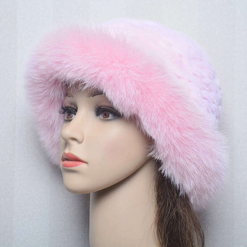 New Style Women Outdoor Winter Warm Natural Fox Fur Hats Lady Knit Fur Cap Female Fashion Knitted Fluffy Real Rex Rabbit Fur Hat - KIMLUD