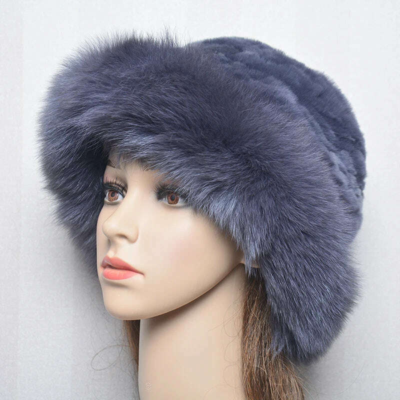 KIMLUD, New Style Women Outdoor Winter Warm Natural Fox Fur Hats Lady Knit Fur Cap Female Fashion Knitted Fluffy Real Rex Rabbit Fur Hat, dark grey / 56-60cm, KIMLUD APPAREL - Womens Clothes