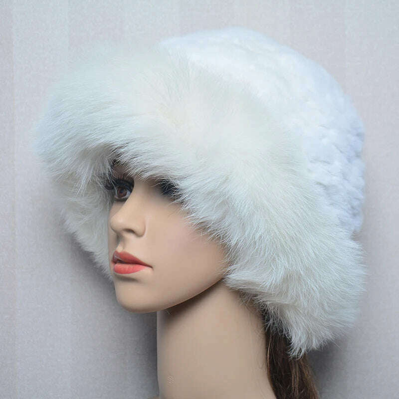 New Style Women Outdoor Winter Warm Natural Fox Fur Hats Lady Knit Fur Cap Female Fashion Knitted Fluffy Real Rex Rabbit Fur Hat - KIMLUD