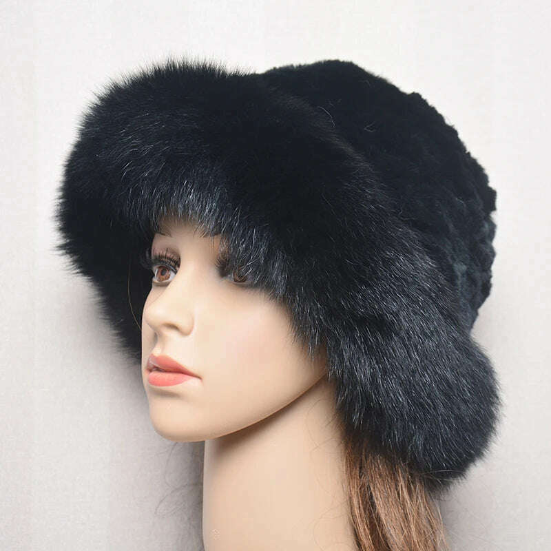 New Style Women Outdoor Winter Warm Natural Fox Fur Hats Lady Knit Fur Cap Female Fashion Knitted Fluffy Real Rex Rabbit Fur Hat - KIMLUD