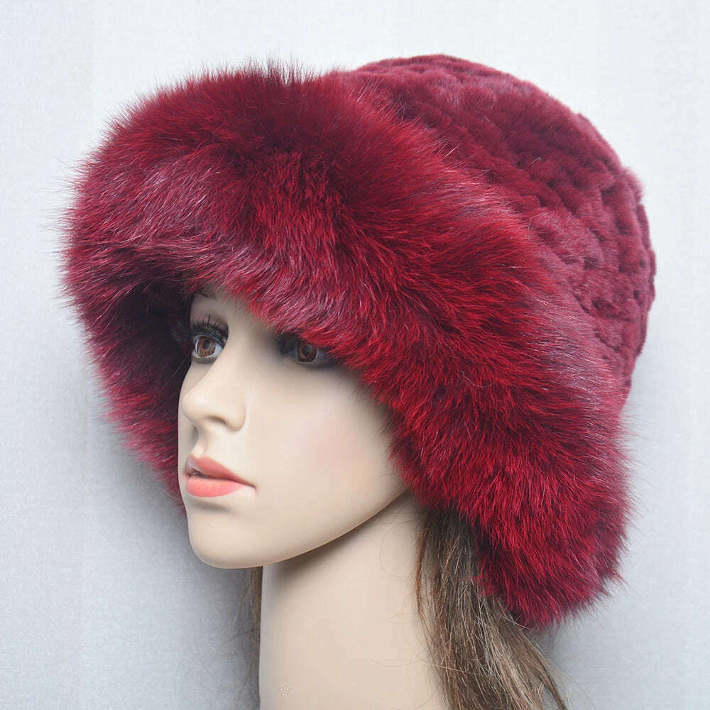 KIMLUD, New Style Women Outdoor Winter Warm Natural Fox Fur Hats Lady Knit Fur Cap Female Fashion Knitted Fluffy Real Rex Rabbit Fur Hat, wine red / 56-60cm, KIMLUD APPAREL - Womens Clothes