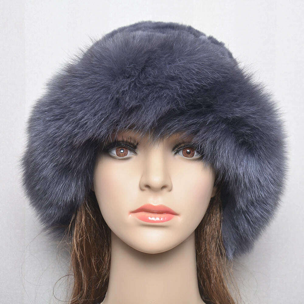 KIMLUD, New Style Women Outdoor Winter Warm Natural Fox Fur Hats Lady Knit Fur Cap Female Fashion Knitted Fluffy Real Rex Rabbit Fur Hat, KIMLUD Womens Clothes