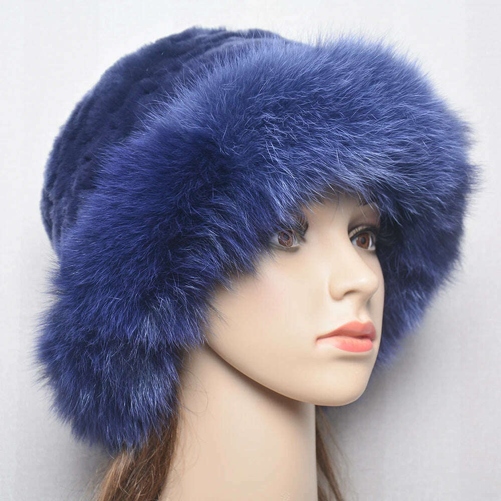 New Style Women Outdoor Winter Warm Natural Fox Fur Hats Lady Knit Fur Cap Female Fashion Knitted Fluffy Real Rex Rabbit Fur Hat - KIMLUD