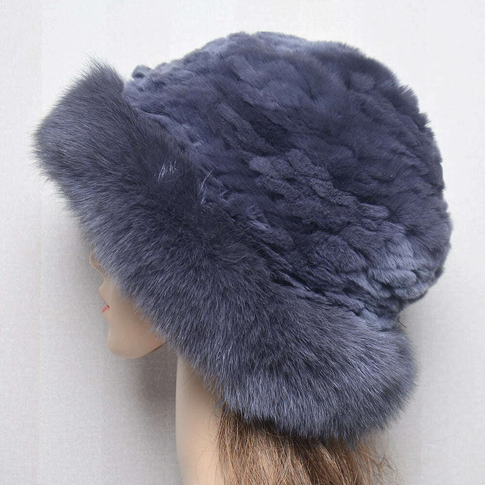 New Style Women Outdoor Winter Warm Natural Fox Fur Hats Lady Knit Fur Cap Female Fashion Knitted Fluffy Real Rex Rabbit Fur Hat - KIMLUD