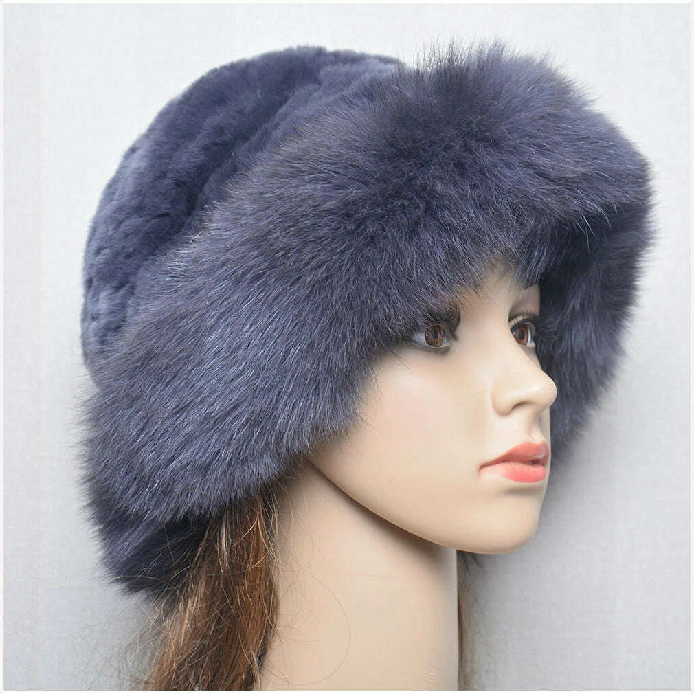 KIMLUD, New Style Women Outdoor Winter Warm Natural Fox Fur Hats Lady Knit Fur Cap Female Fashion Knitted Fluffy Real Rex Rabbit Fur Hat, KIMLUD Womens Clothes