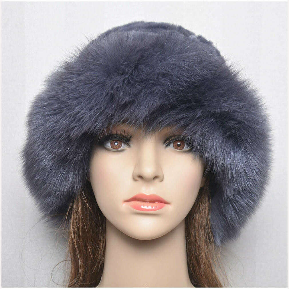 KIMLUD, New Style Women Outdoor Winter Warm Natural Fox Fur Hats Lady Knit Fur Cap Female Fashion Knitted Fluffy Real Rex Rabbit Fur Hat, KIMLUD Womens Clothes