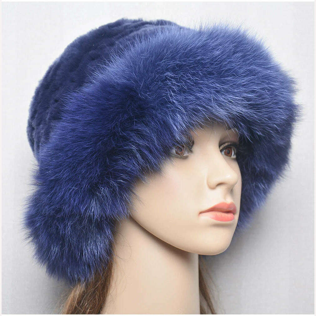 KIMLUD, New Style Women Outdoor Winter Warm Natural Fox Fur Hats Lady Knit Fur Cap Female Fashion Knitted Fluffy Real Rex Rabbit Fur Hat, KIMLUD Womens Clothes