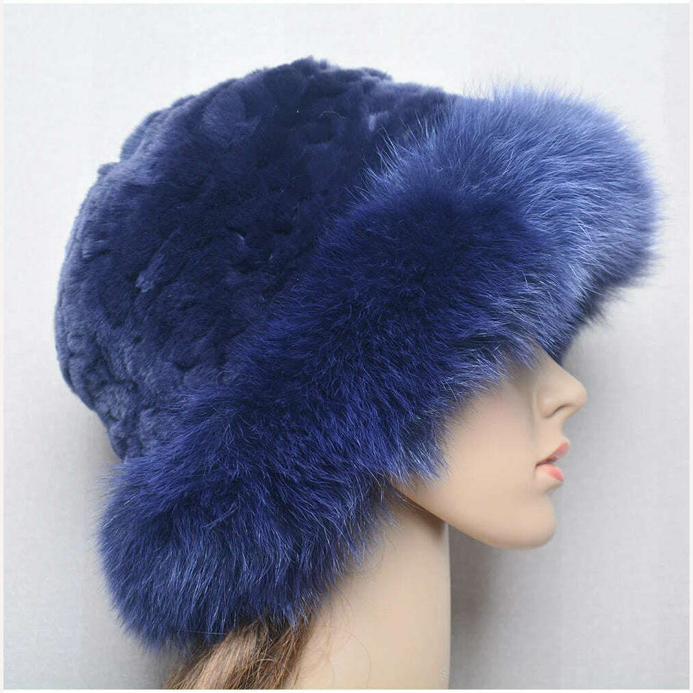 New Style Women Outdoor Winter Warm Natural Fox Fur Hats Lady Knit Fur Cap Female Fashion Knitted Fluffy Real Rex Rabbit Fur Hat - KIMLUD