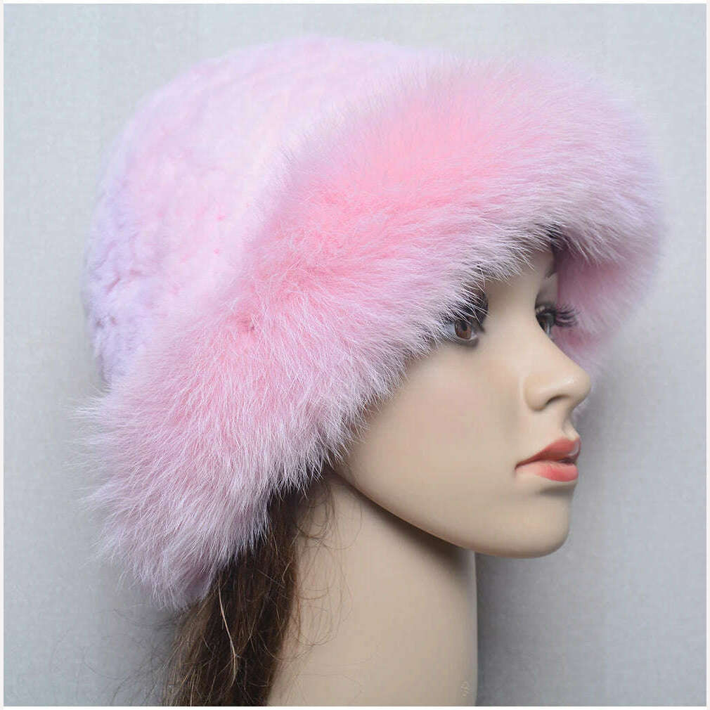 KIMLUD, New Style Women Outdoor Winter Warm Natural Fox Fur Hats Lady Knit Fur Cap Female Fashion Knitted Fluffy Real Rex Rabbit Fur Hat, KIMLUD Womens Clothes