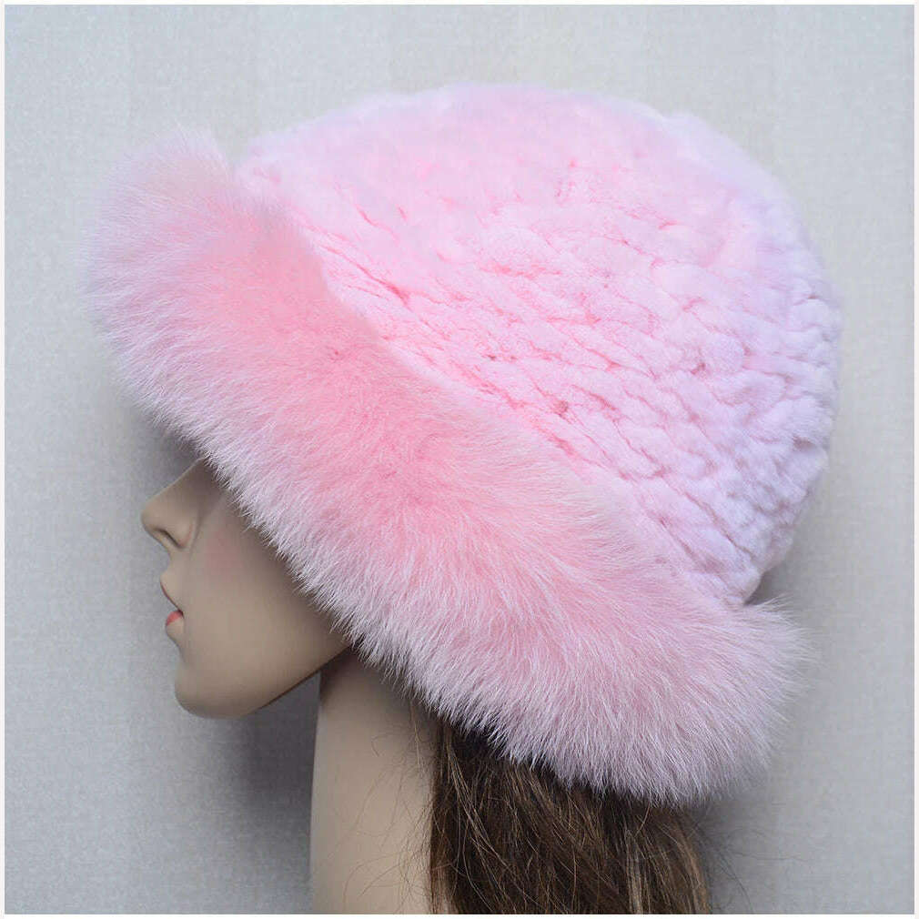 New Style Women Outdoor Winter Warm Natural Fox Fur Hats Lady Knit Fur Cap Female Fashion Knitted Fluffy Real Rex Rabbit Fur Hat - KIMLUD