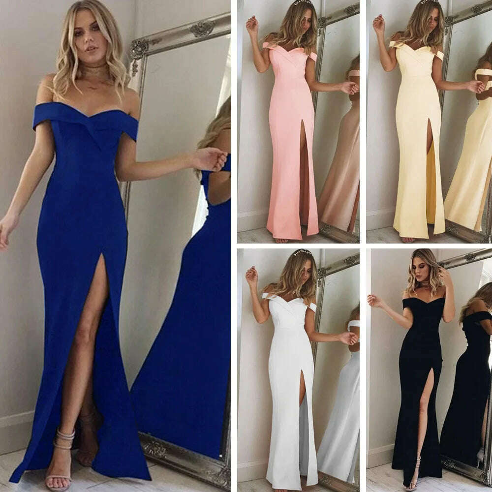 New Summer Elegant Party Dresses Evening Sexy Blue Slim Maxi Dress Slash Neck Off Shoulder Wedding Guest Elegant Dress for Women - KIMLUD