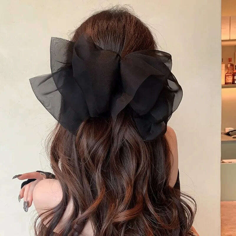 KIMLUD, New Sweet Mesh Thin Gauze Big Bow Hair Claw Clip Women's Bow Spring Clip Headwear Accessories, Black, KIMLUD APPAREL - Womens Clothes