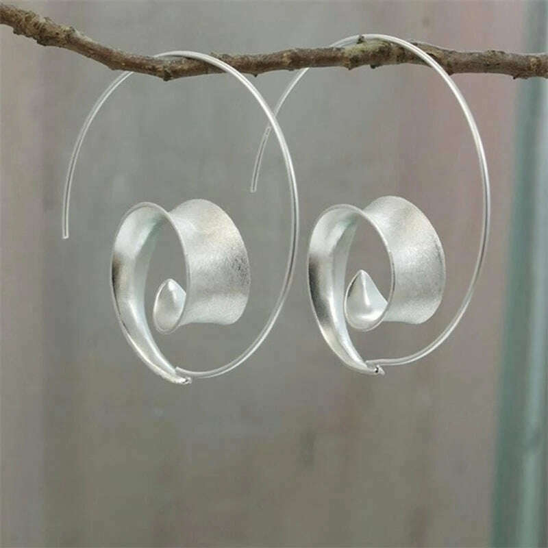 KIMLUD, New Trendy Personality Round Spiral Leaf Earrings, Women Exaggerated Design Earrings Earrings, Fine Jewelry, SILVER PLATED, KIMLUD APPAREL - Womens Clothes