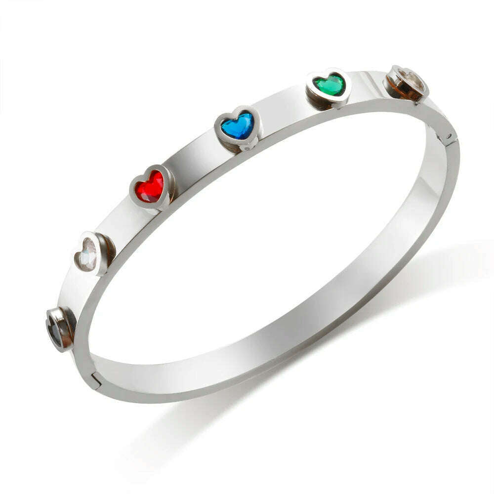 KIMLUD, New Trendy Stainless Steel Colorful Zircon Love Heart Shaped Bracelet for Women Friendship Bangle Jewelry Gift, Silver Colorful, KIMLUD APPAREL - Womens Clothes