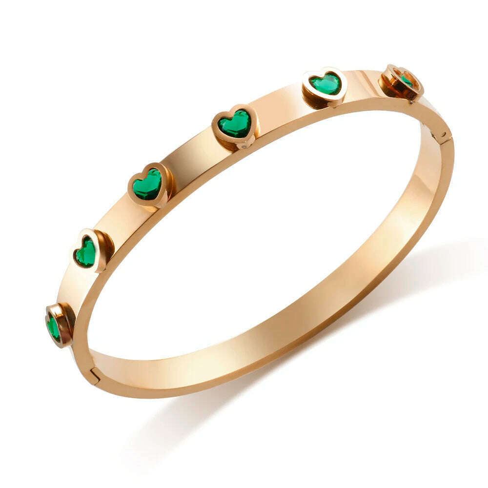 KIMLUD, New Trendy Stainless Steel Colorful Zircon Love Heart Shaped Bracelet for Women Friendship Bangle Jewelry Gift, Rose Green Color, KIMLUD APPAREL - Womens Clothes