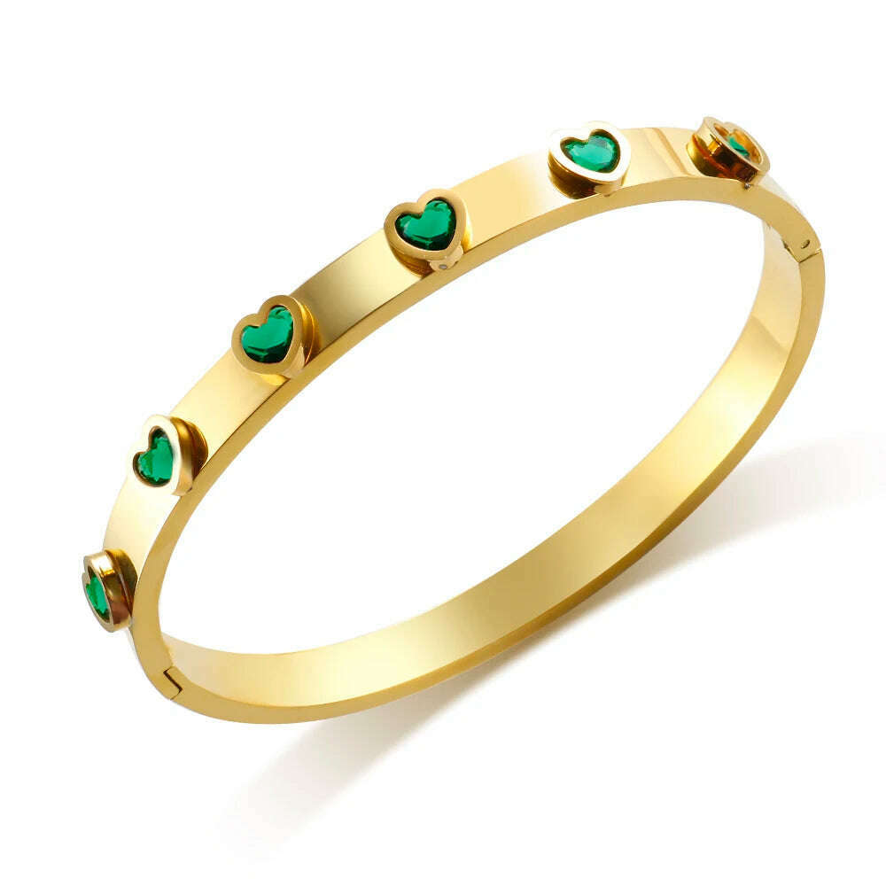 KIMLUD, New Trendy Stainless Steel Colorful Zircon Love Heart Shaped Bracelet for Women Friendship Bangle Jewelry Gift, Gold Green Color, KIMLUD APPAREL - Womens Clothes