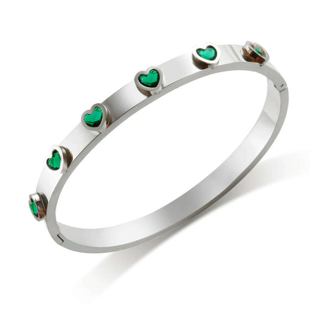 KIMLUD, New Trendy Stainless Steel Colorful Zircon Love Heart Shaped Bracelet for Women Friendship Bangle Jewelry Gift, Silver Green Color, KIMLUD APPAREL - Womens Clothes