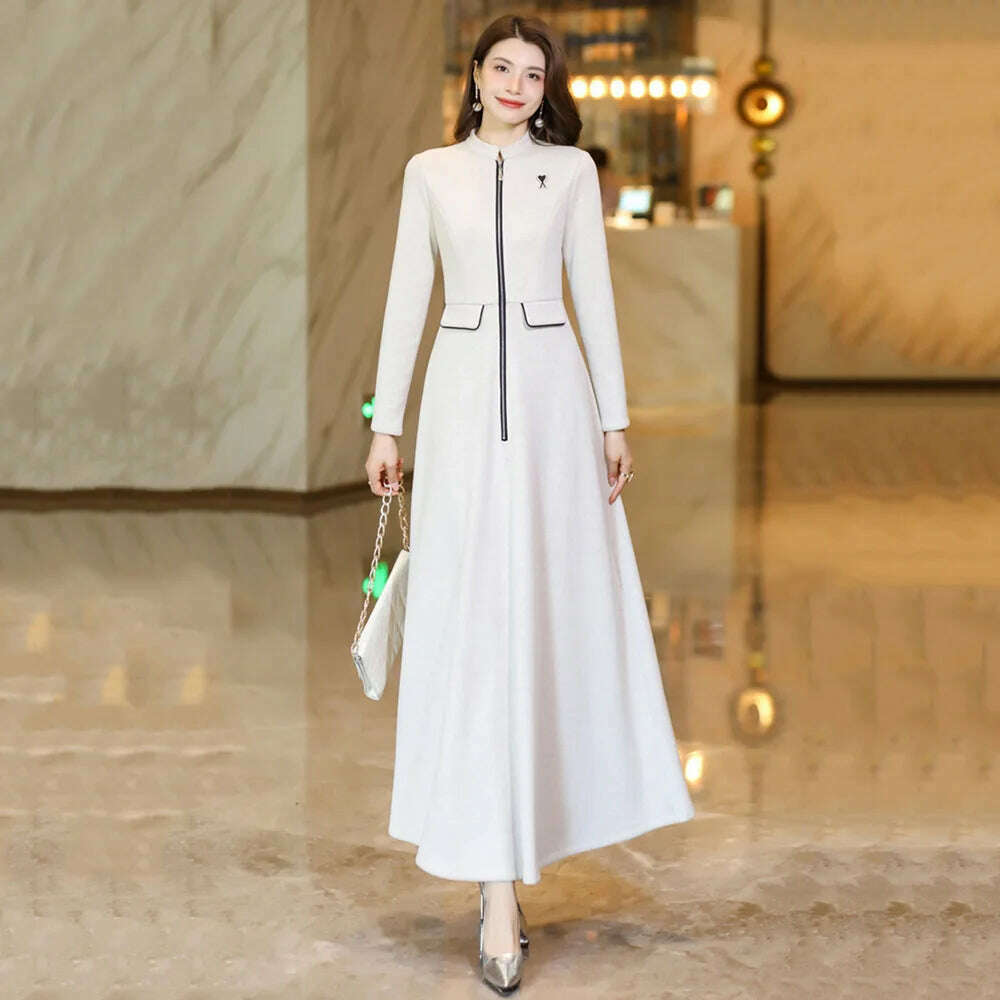 KIMLUD, New Women Spring Autumn Long Woolen Dress Fashion Small Stand Collar Long Sleeve Slim Thick Dress Elegant Beige Overlength Dress, KIMLUD Womens Clothes