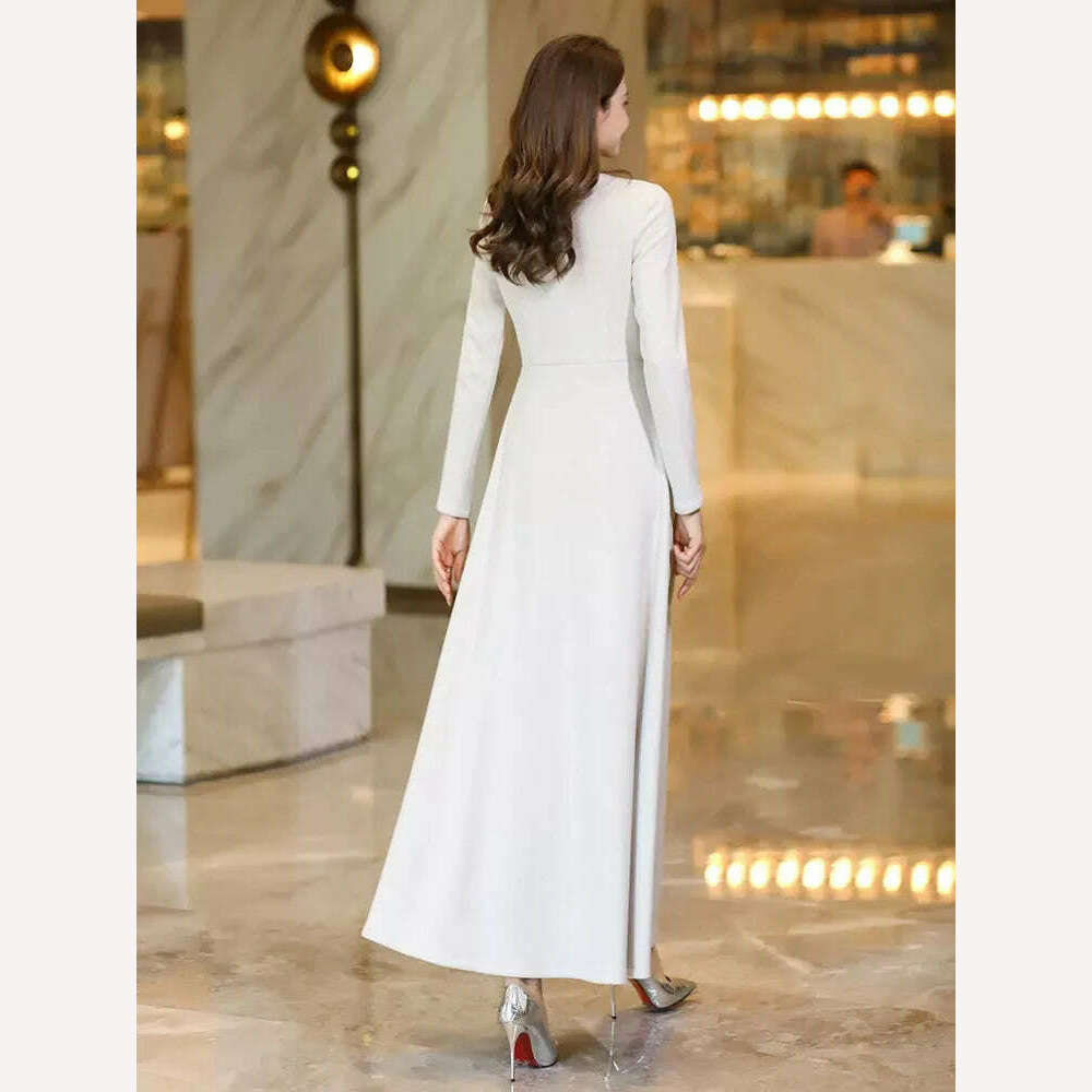 New Women Spring Autumn Long Woolen Dress Fashion Small Stand Collar Long Sleeve Slim Thick Dress Elegant Beige Overlength Dress - KIMLUD