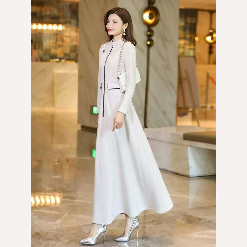 New Women Spring Autumn Long Woolen Dress Fashion Small Stand Collar Long Sleeve Slim Thick Dress Elegant Beige Overlength Dress - KIMLUD