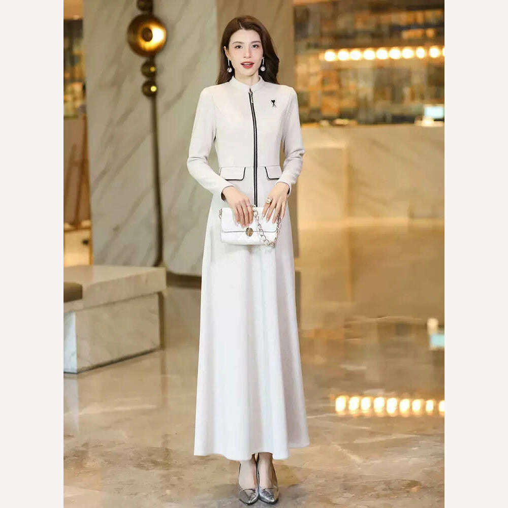 New Women Spring Autumn Long Woolen Dress Fashion Small Stand Collar Long Sleeve Slim Thick Dress Elegant Beige Overlength Dress - KIMLUD