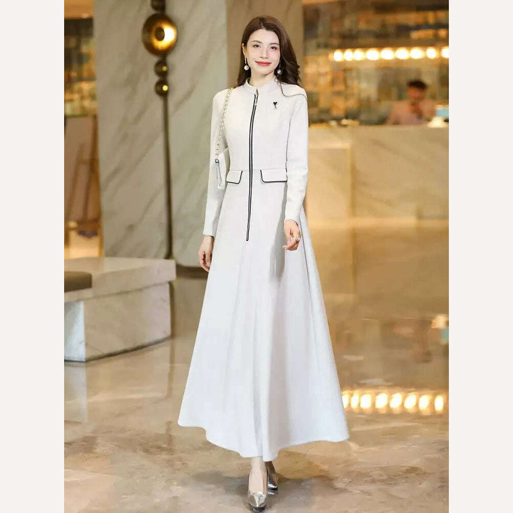 New Women Spring Autumn Long Woolen Dress Fashion Small Stand Collar Long Sleeve Slim Thick Dress Elegant Beige Overlength Dress - KIMLUD