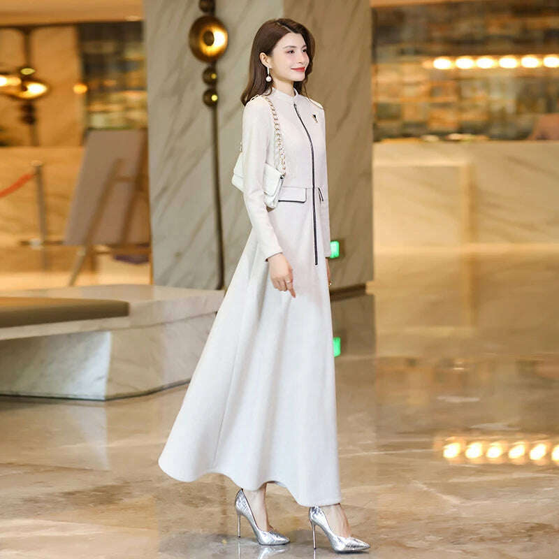 New Women Spring Autumn Long Woolen Dress Fashion Small Stand Collar Long Sleeve Slim Thick Dress Elegant Beige Overlength Dress - KIMLUD