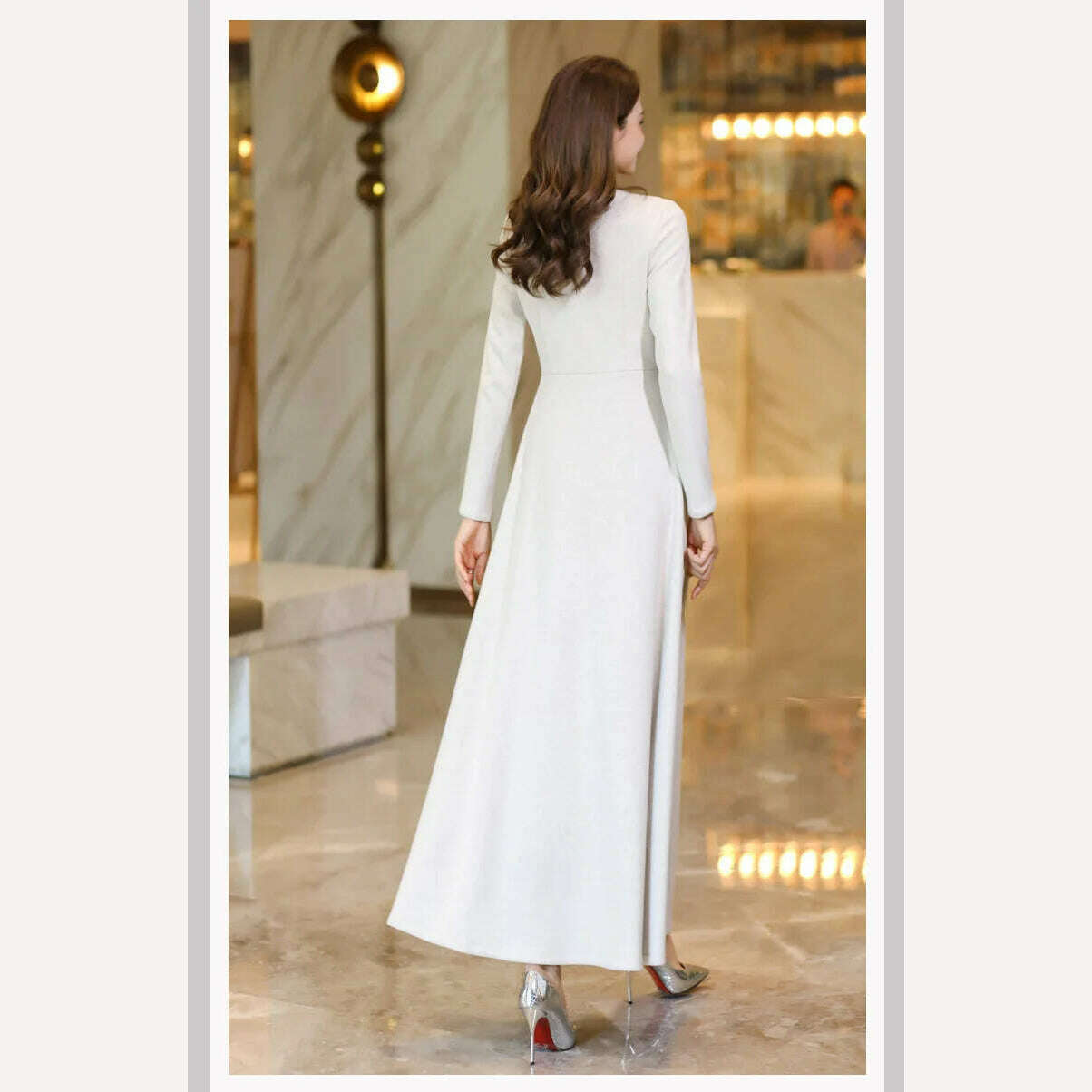 New Women Spring Autumn Long Woolen Dress Fashion Small Stand Collar Long Sleeve Slim Thick Dress Elegant Beige Overlength Dress - KIMLUD