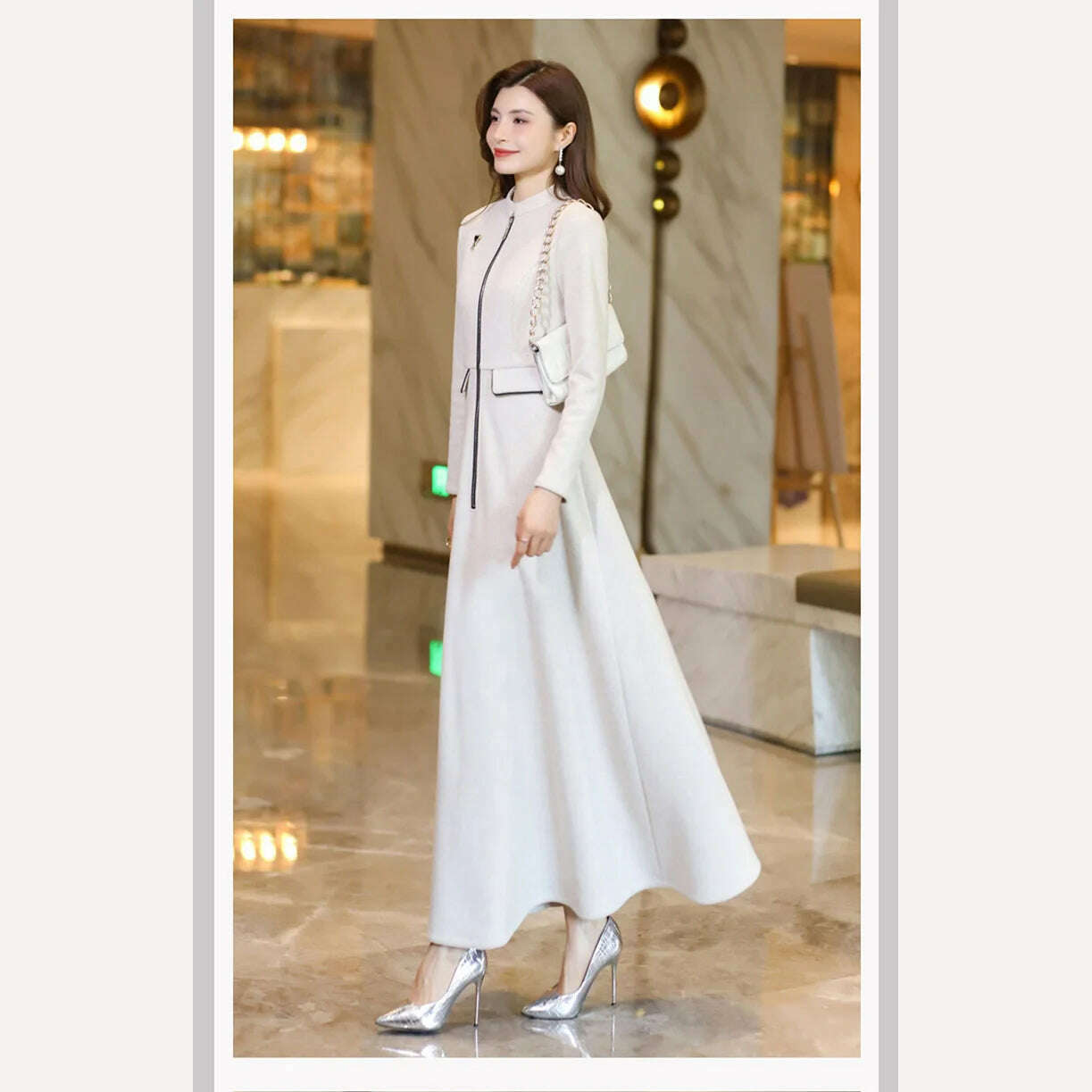 New Women Spring Autumn Long Woolen Dress Fashion Small Stand Collar Long Sleeve Slim Thick Dress Elegant Beige Overlength Dress - KIMLUD