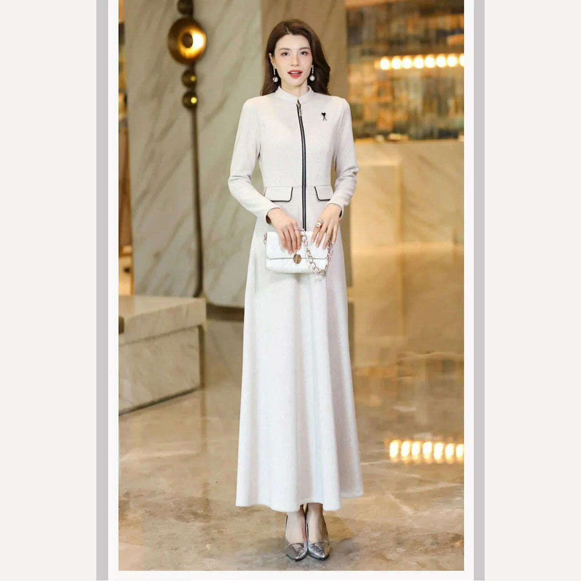 KIMLUD, New Women Spring Autumn Long Woolen Dress Fashion Small Stand Collar Long Sleeve Slim Thick Dress Elegant Beige Overlength Dress, KIMLUD Womens Clothes